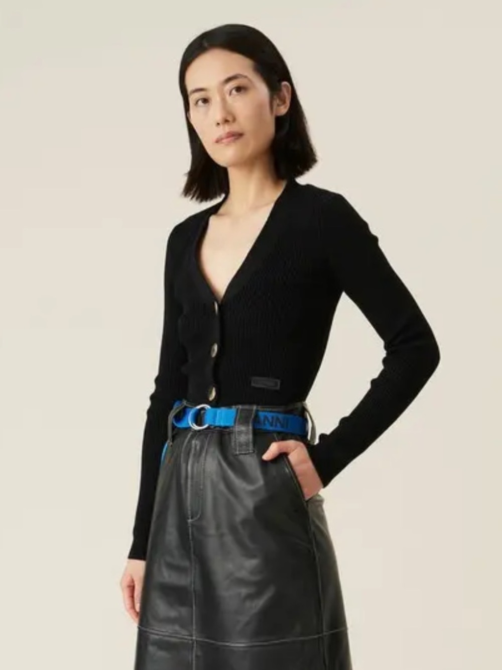 Ganni Black Cropped Ribbed Cardigan | M